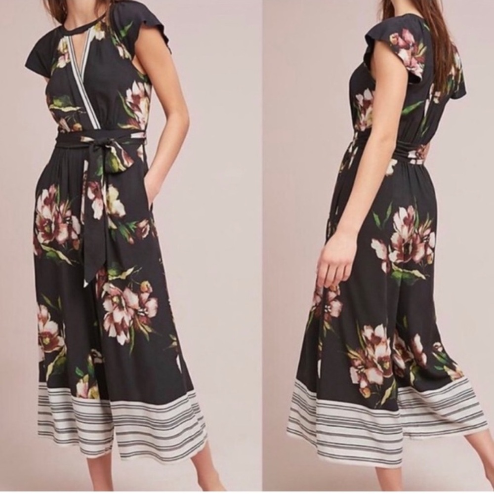 Anthropologie‎ Black Floral Faux wrap Jumpsuit with Tie Waist size 14 NWT